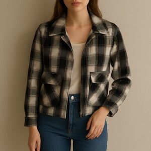 Lucky Brand Black and White Cropped Plaid Flannel Cotton Jacket Size Large
